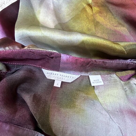 Audrey Talbott Carmel Silk Ruffle Blouse Top Size 6 Burgundy Abstract Print Boho - Picture 3 of 9